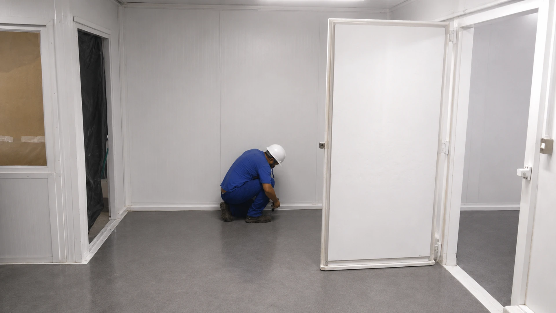 Trabalhador ajustando arremate na base da porta de câmara frigorífica com capacete de segurança