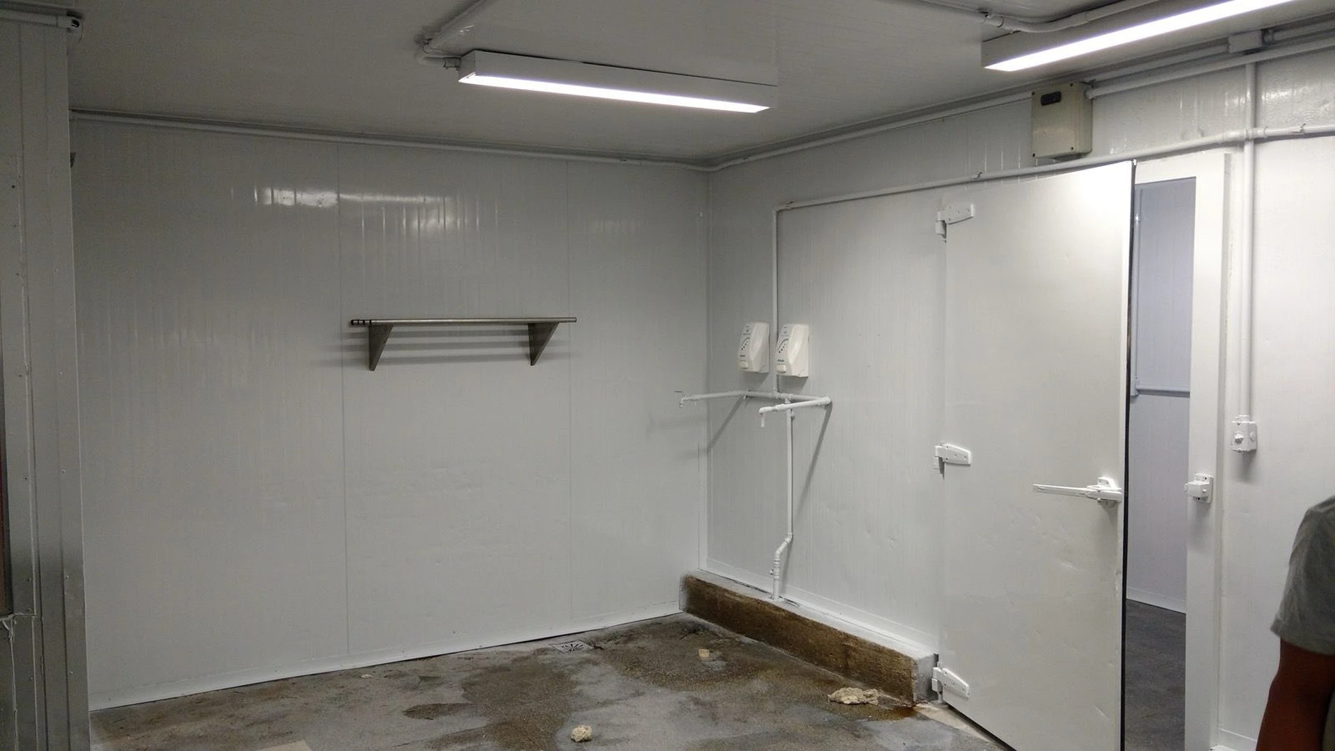 Interior do setor com paredes recém pintadas de branco e nova porta de câmara frigorífica instalada