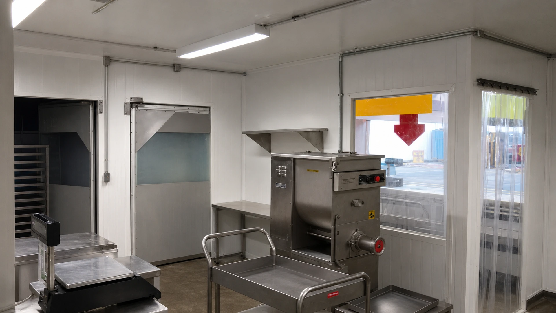 Setor de carnes renovado com paredes brancas, câmara frigorífica com visor e equipamentos em inox