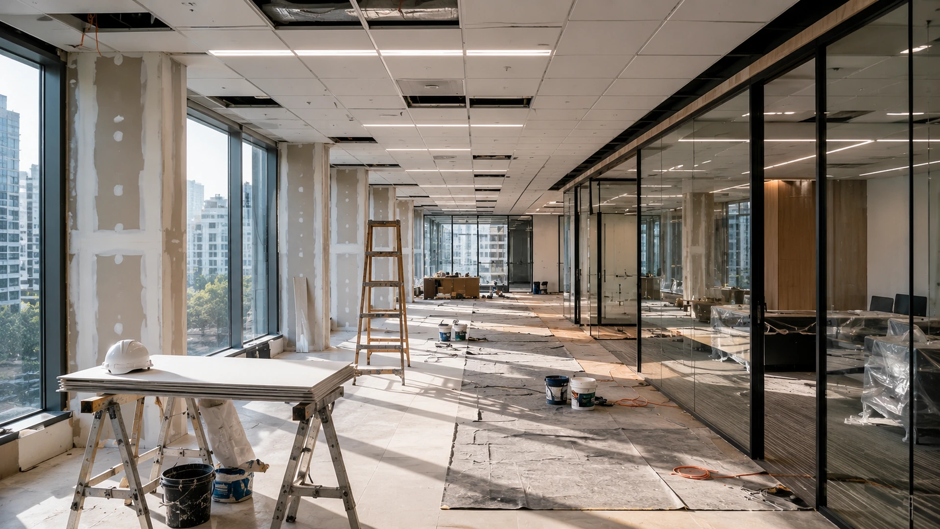 Escritório corporativo em reforma com drywall, forro modular, vidro, iluminação e acabamento em execução.