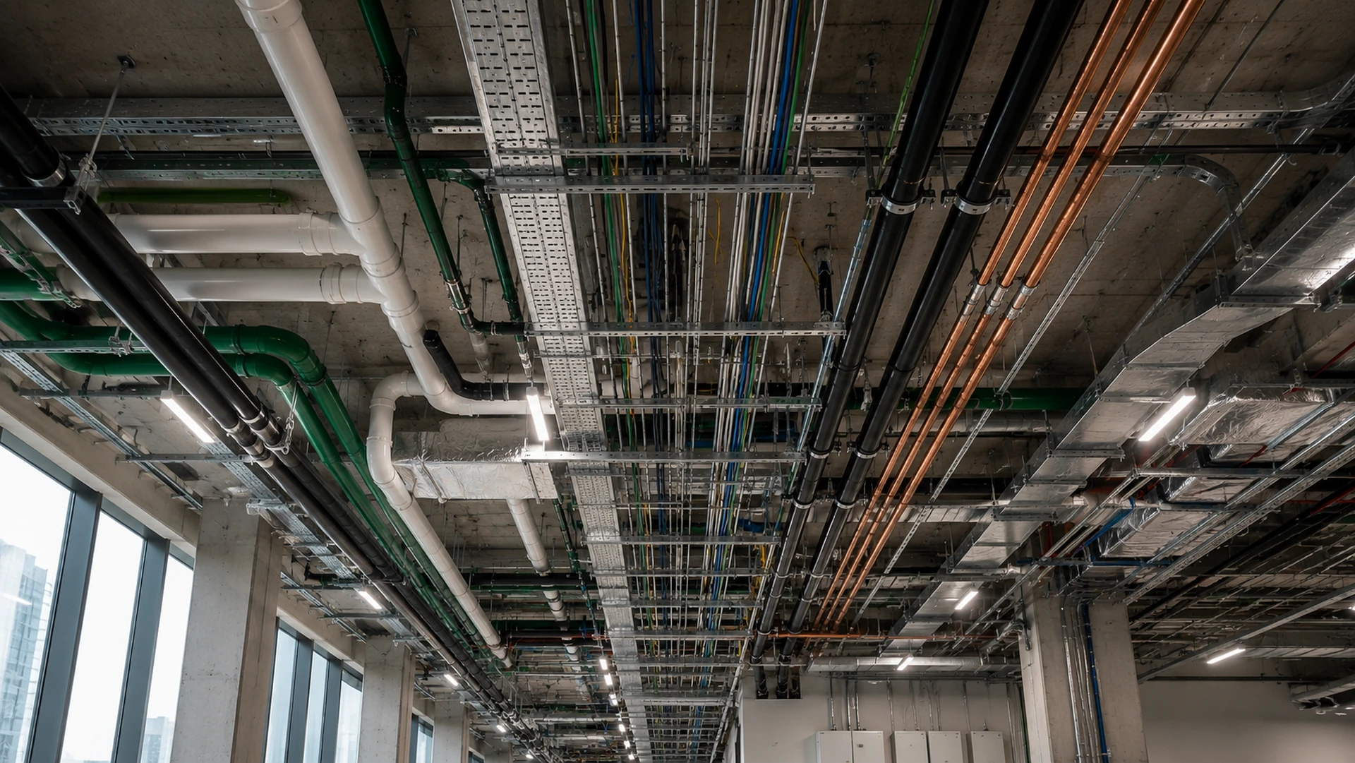 Infraestrutura predial com eletrocalhas, tubulações e instalações técnicas aparentes em edifício corporativo.