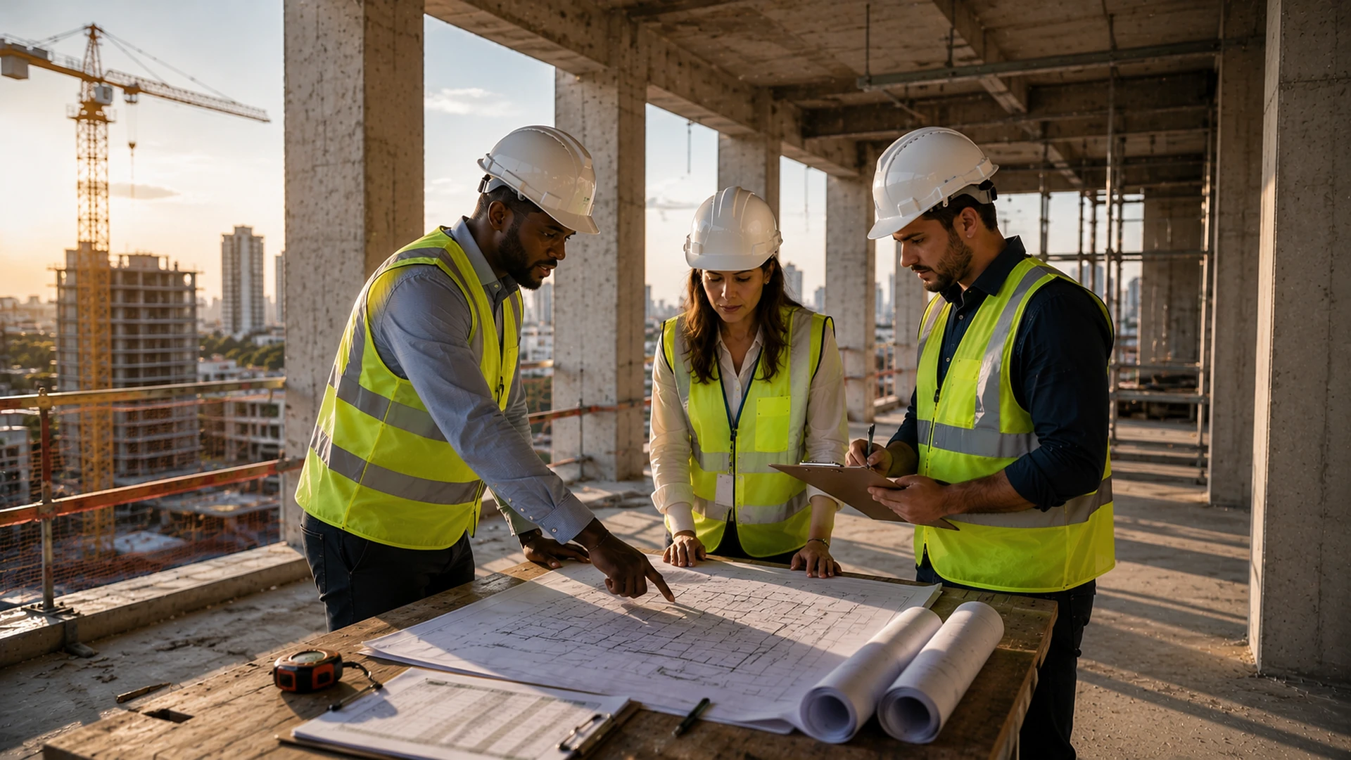 Engenheiros e equipe técnica reunidos em obra corporativa analisando plantas e cronograma de execução.