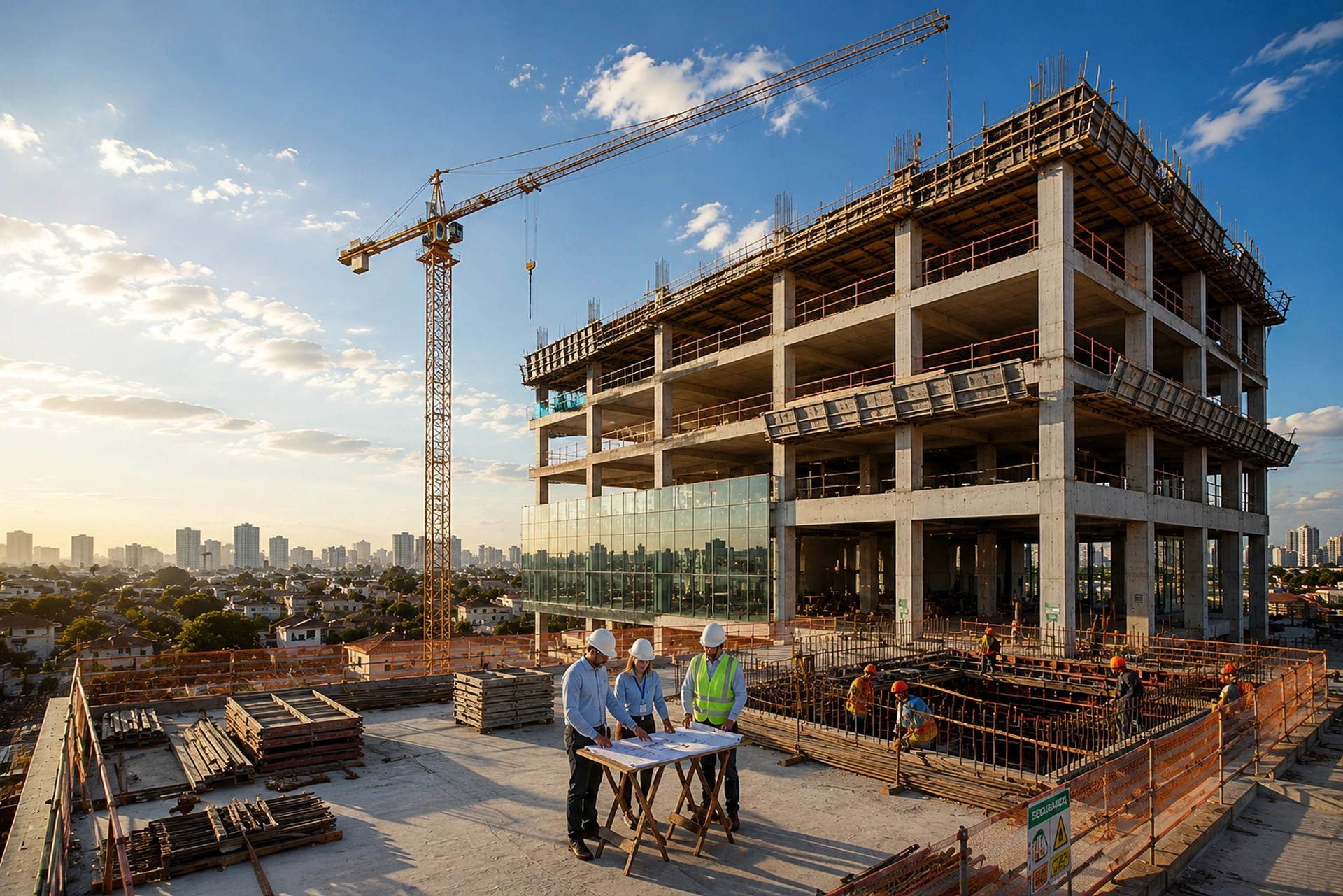 Estrutura de concreto em obra corporativa de construção civil