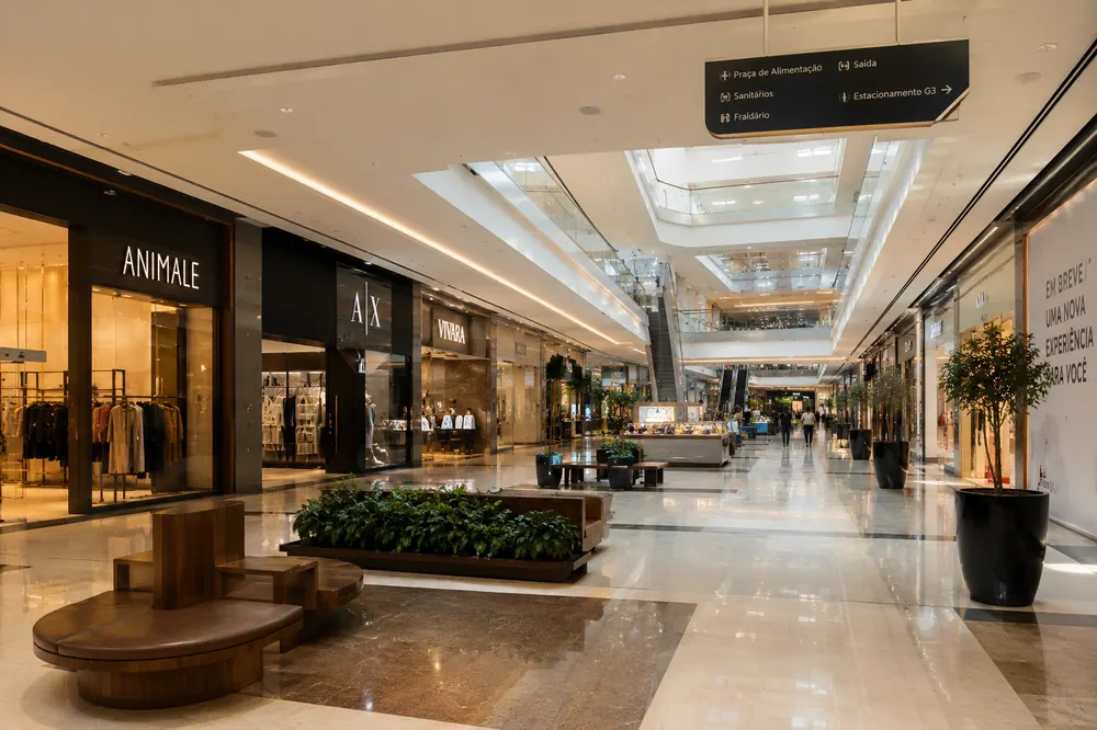 Corredor de shopping center com área de circulação comercial