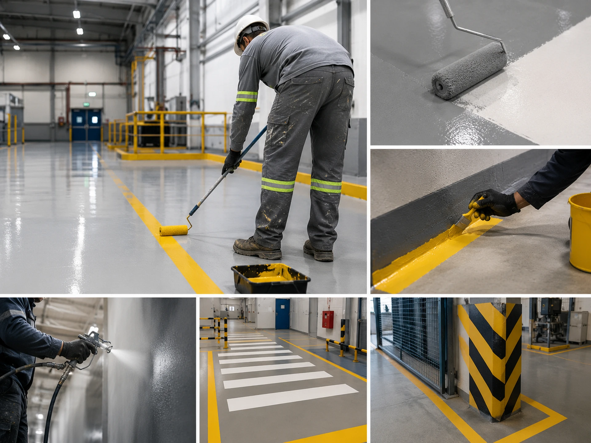 Pintura epóxi industrial e demarcação de segurança em piso
